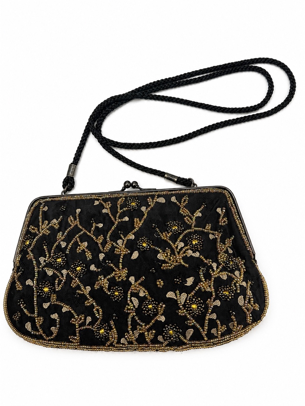 Lancome Black Beaded Bag Floral Embroidered Mini Crossbody Party Clutch